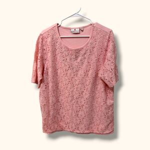 Quacker Factory Top Women XL Pink Lace Rhinestone Pearl Short Sleeve Embellished